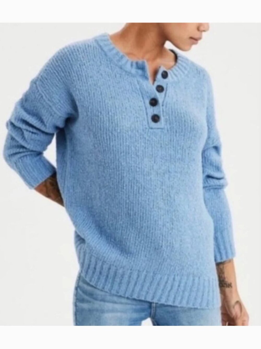 AMERICAN EAGLE AEO Jegging Fit Henley Pullover Sweater Solid Blue Nubby Textured